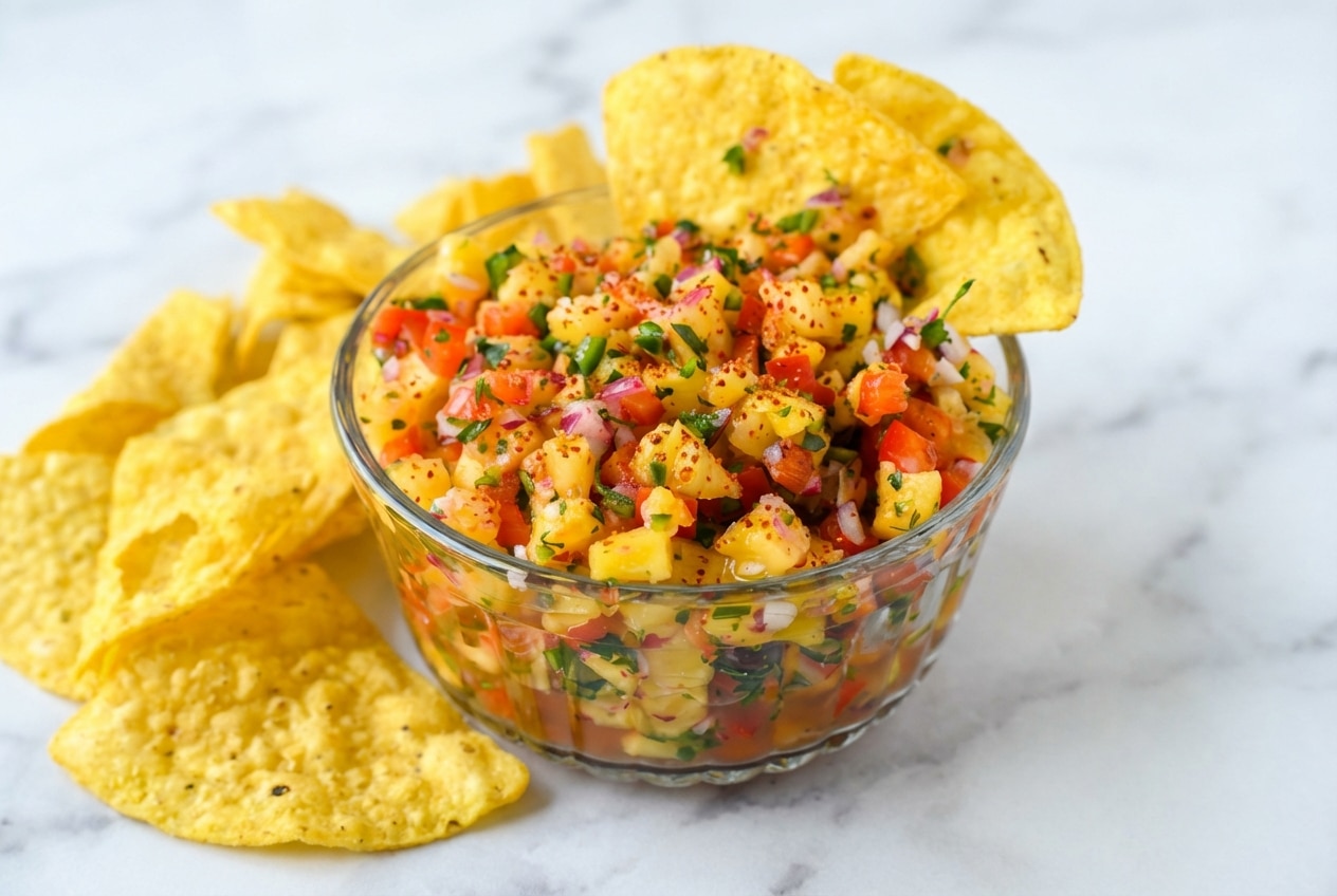 Pineapple salsa in a bowl dusted with red Tajín seasoning and drizzled with fresh passion fruit juice.