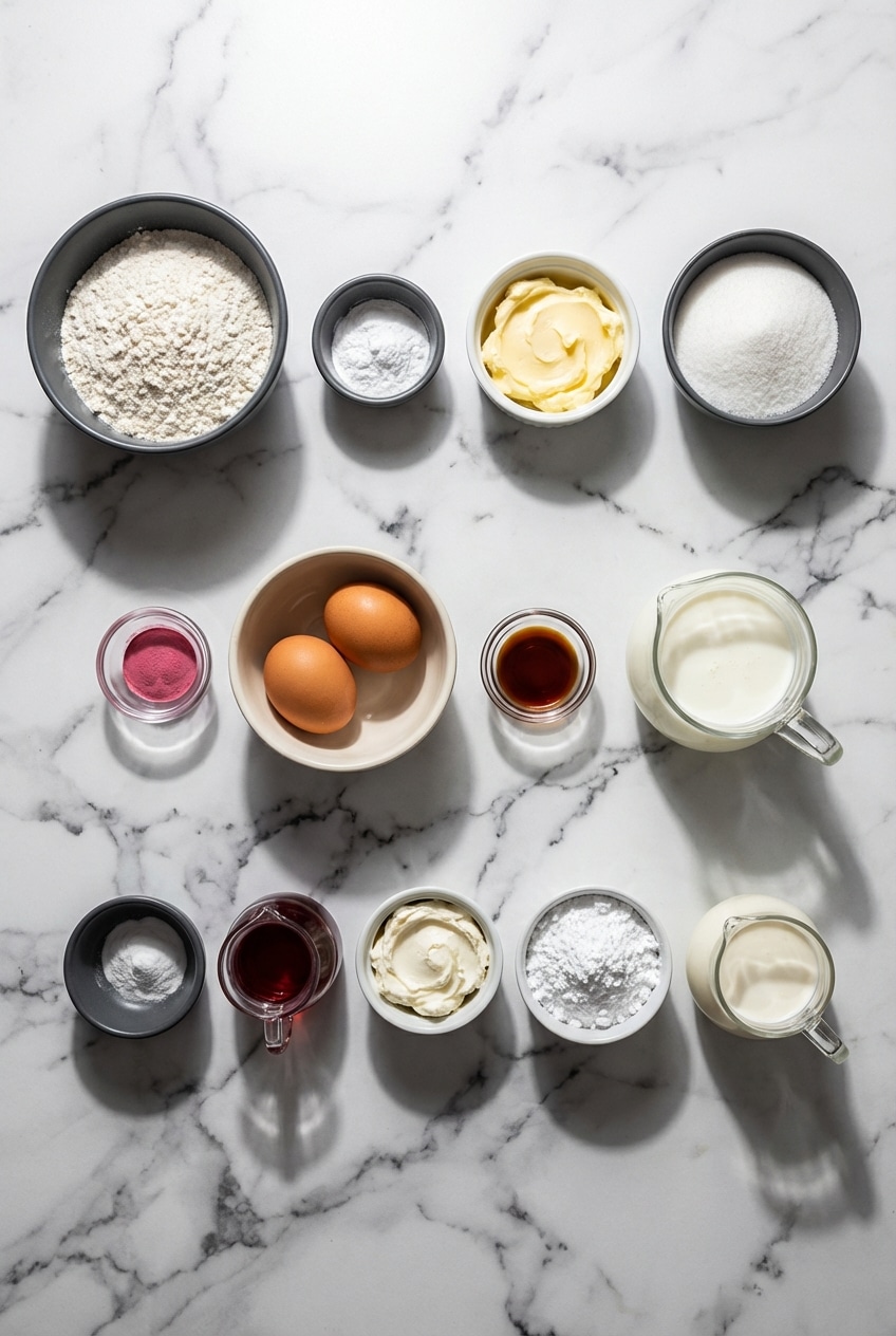 Ingredients for pink velvet cupcakes including buttermilk, all-purpose flour, and red wine vinegar on a flat surface.
