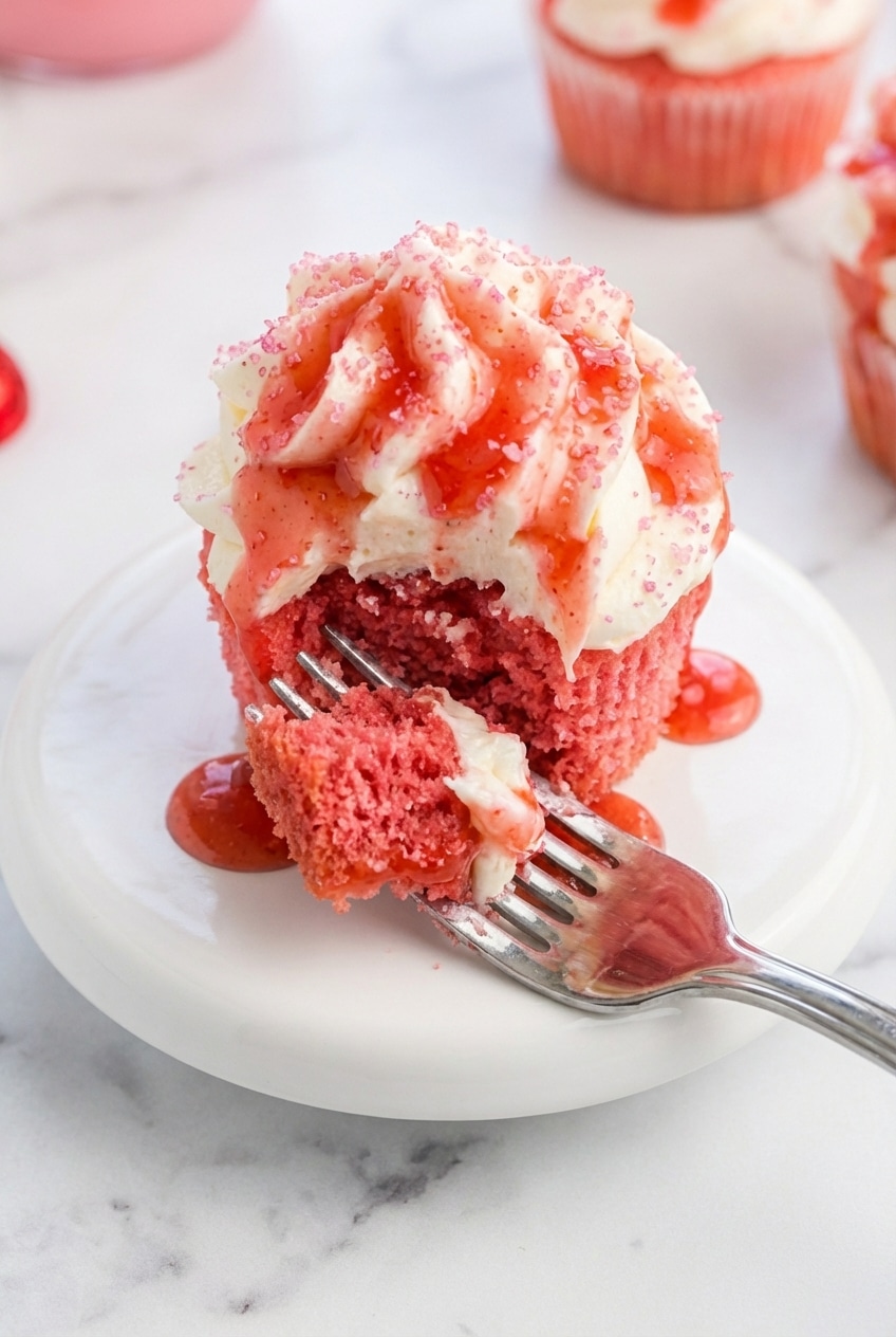 Close-up of the moist, fine-crumb interior of pink velvet cupcakes showing perfect aeration and texture.