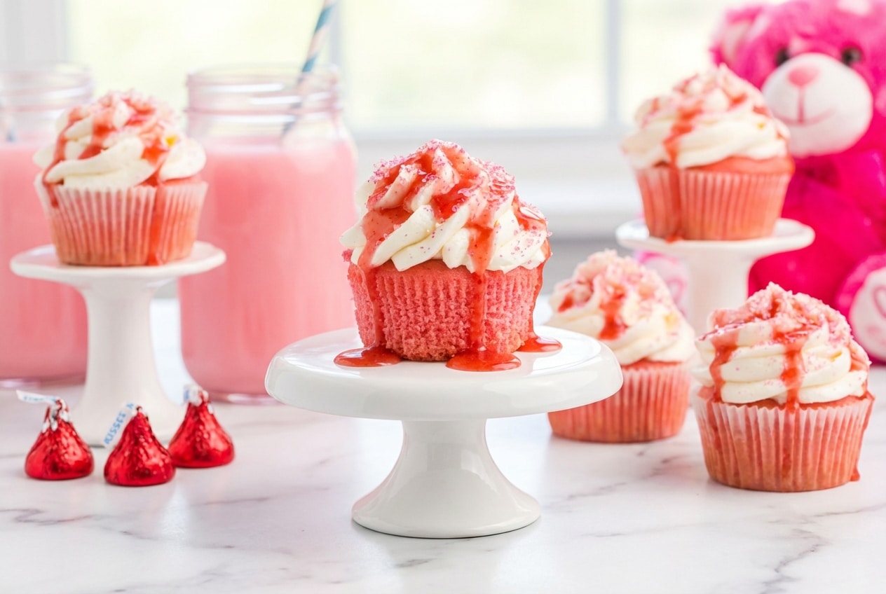 Pink velvet cupcakes topped with cream cheese frosting featuring a strawberry-infused buttermilk reduction.