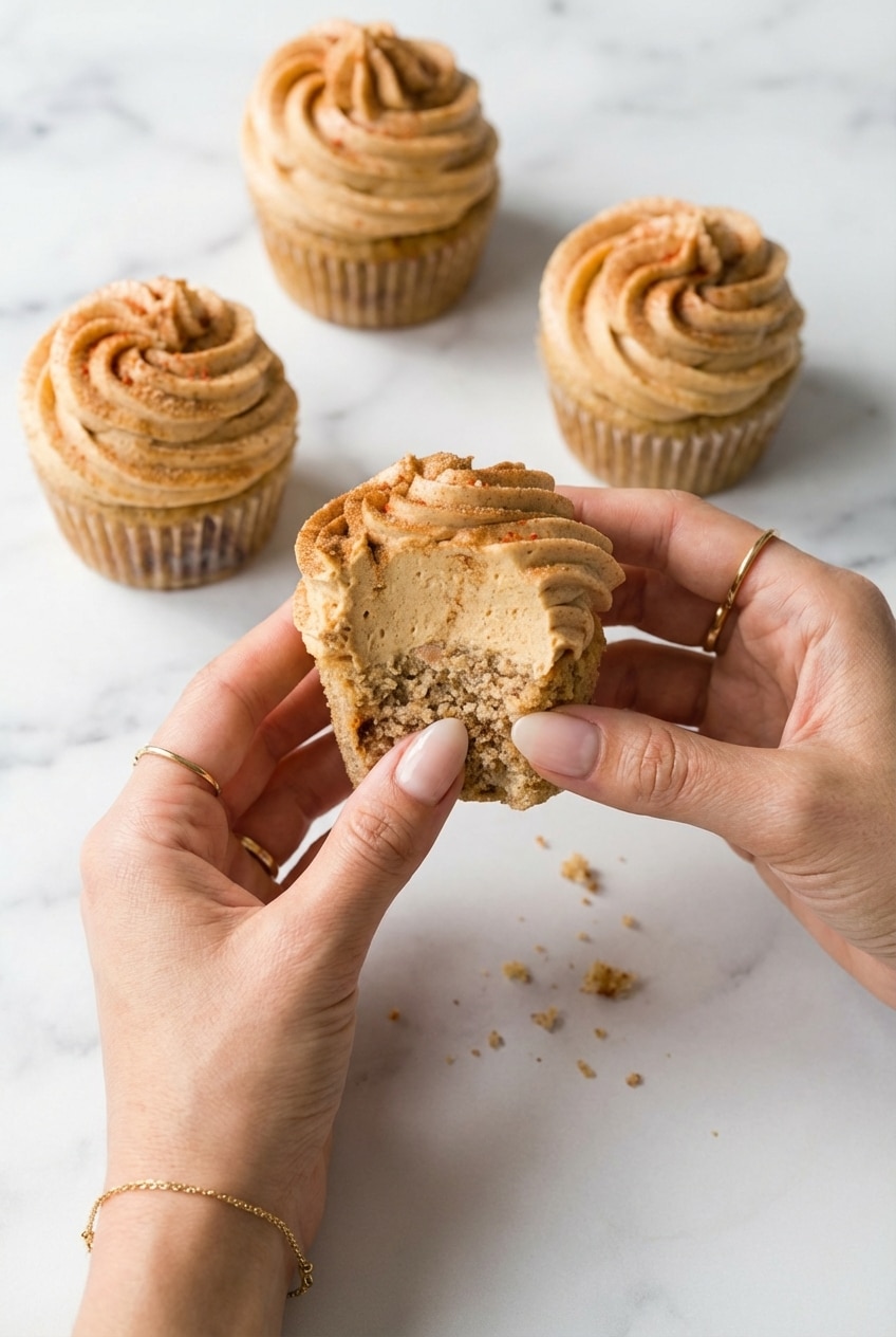Hand using a piping bag with a 1M star tip to frost spiced churro cupcakes with buttercream.