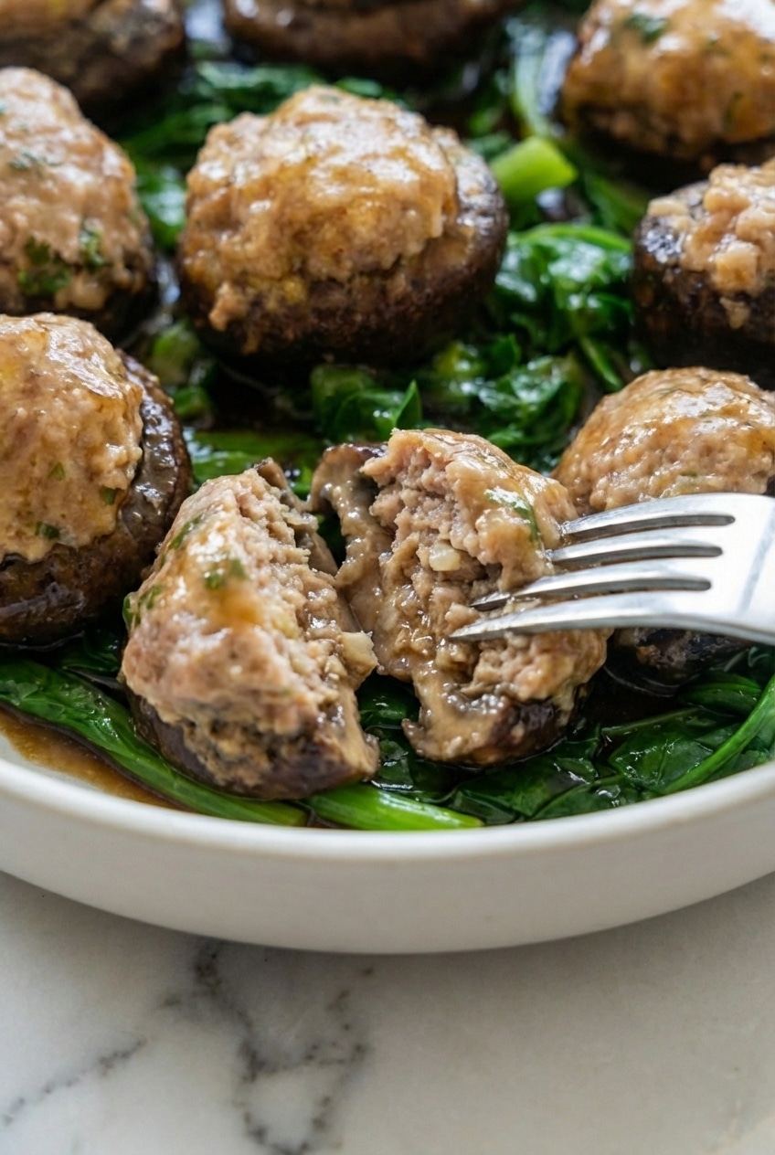 Close-up of Asian stuffed mushrooms recipe served on a platter with vibrant baby bok choy.