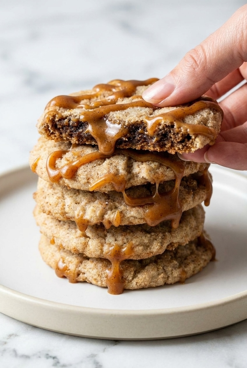 A cookie scoop portioning caramel macchiato cookies onto parchment paper to achieve a perfect Maillard reaction.