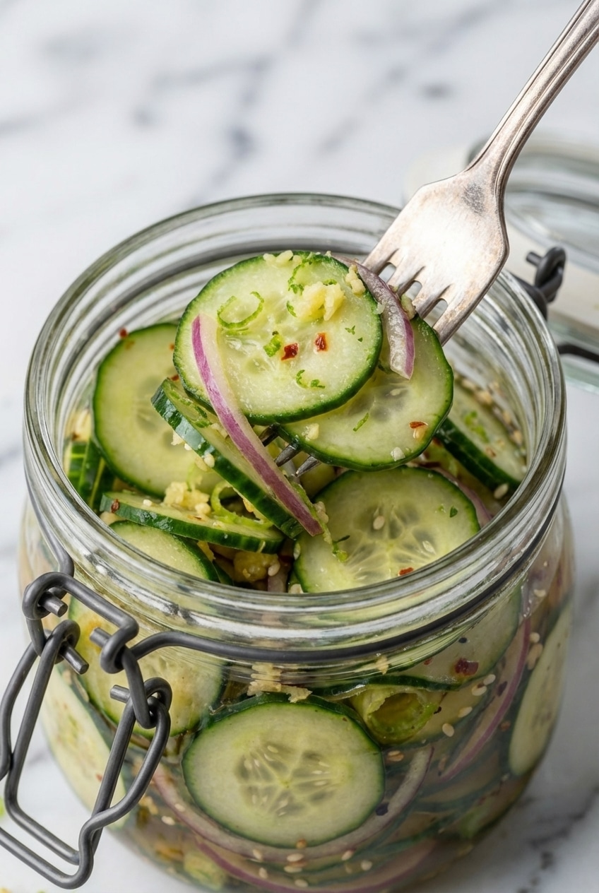 Using a mandoline slicer to prep thin Persian cucumbers for a crunchy cucumber salad in a jar.