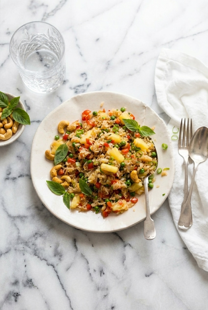 Close up of pineapple fried rice garnished with golden curry-toasted cashews and bright green Thai basil.