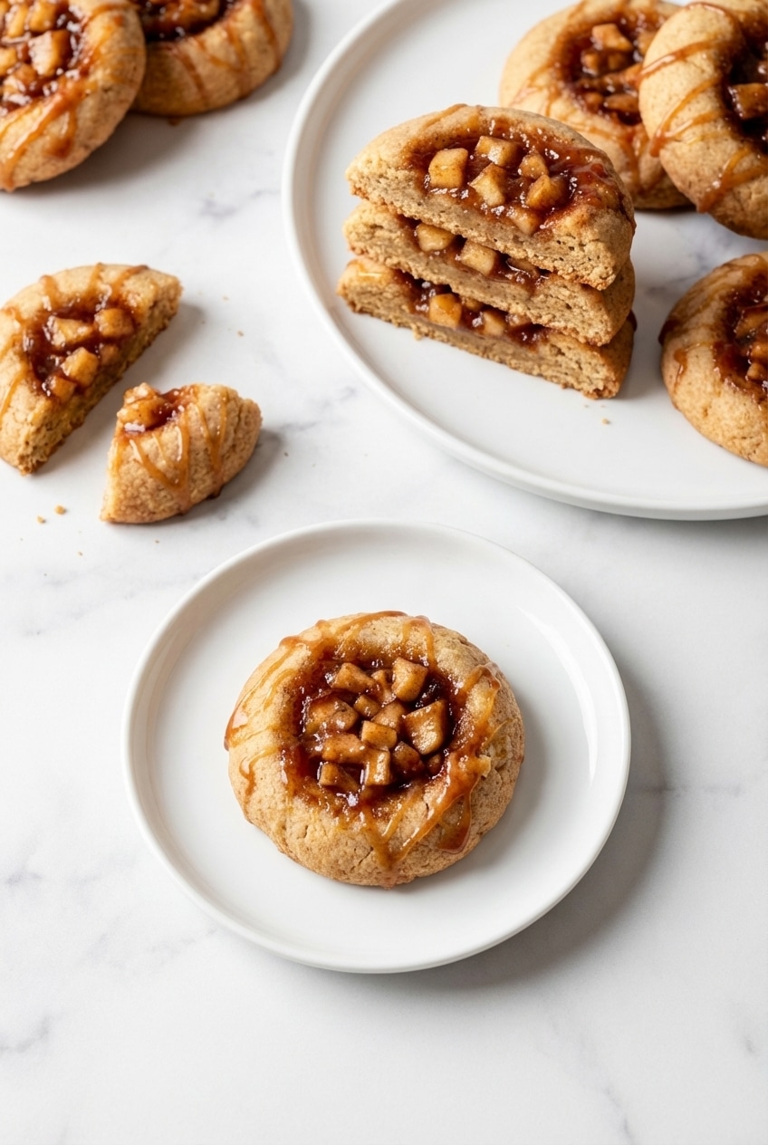 Finished apple pie cookies drizzled with caramel sauce resting on a wire rack.