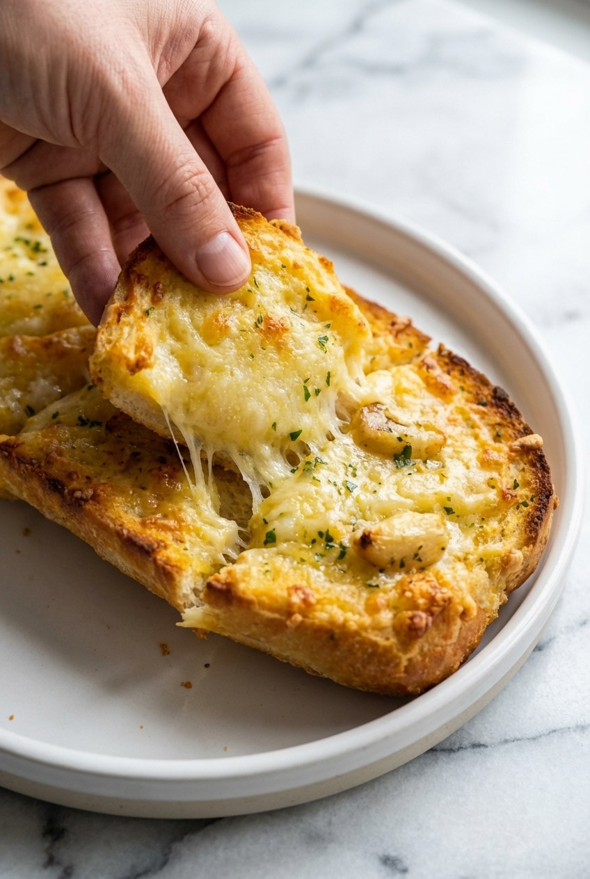 Close-up of molten mozzarella browning on a cheesy garlic bread recipe to show the perfect Maillard reaction.