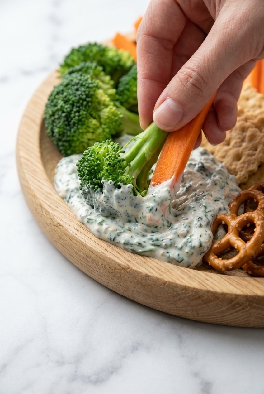 Elegant veggie platter display featuring mandoline-sliced crudité and dairy-free dips on a wooden board.