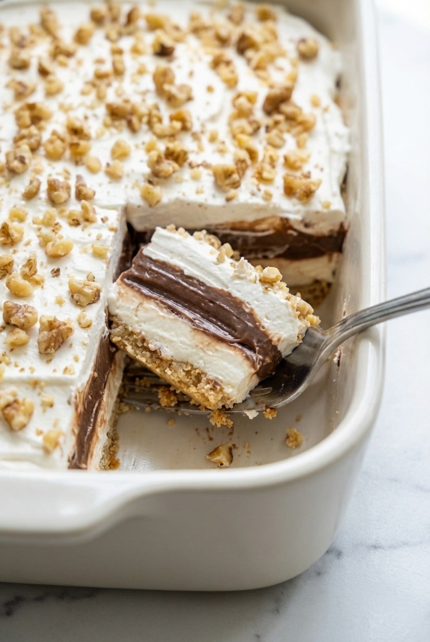 A 9x13 baking dish filled with four layer delight showing perfectly distinct creamy and chocolatey layers.
