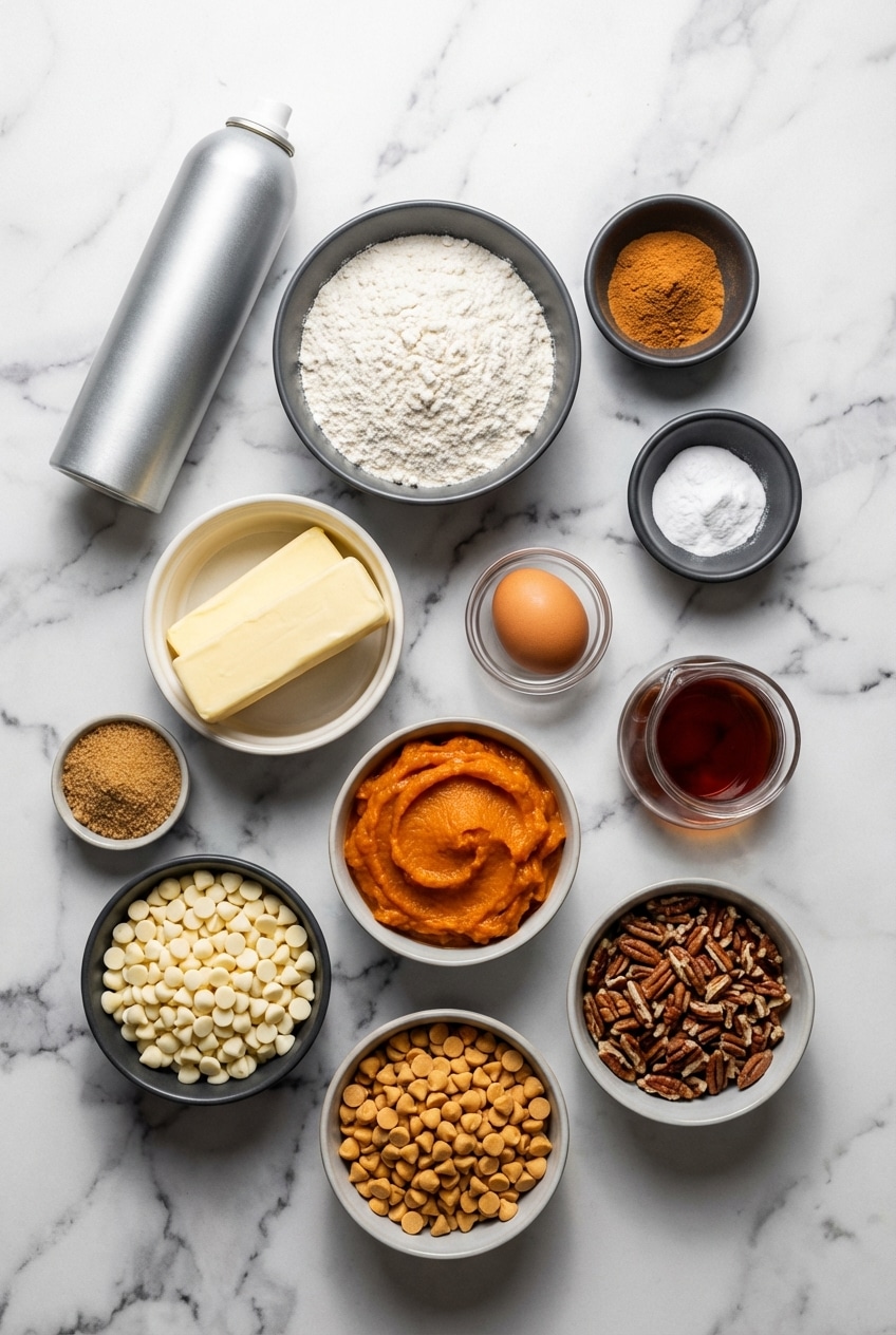 Ingredients for pumpkin blondies including brown butter, pumpkin puree, white chocolate chips, and pumpkin pie spice.