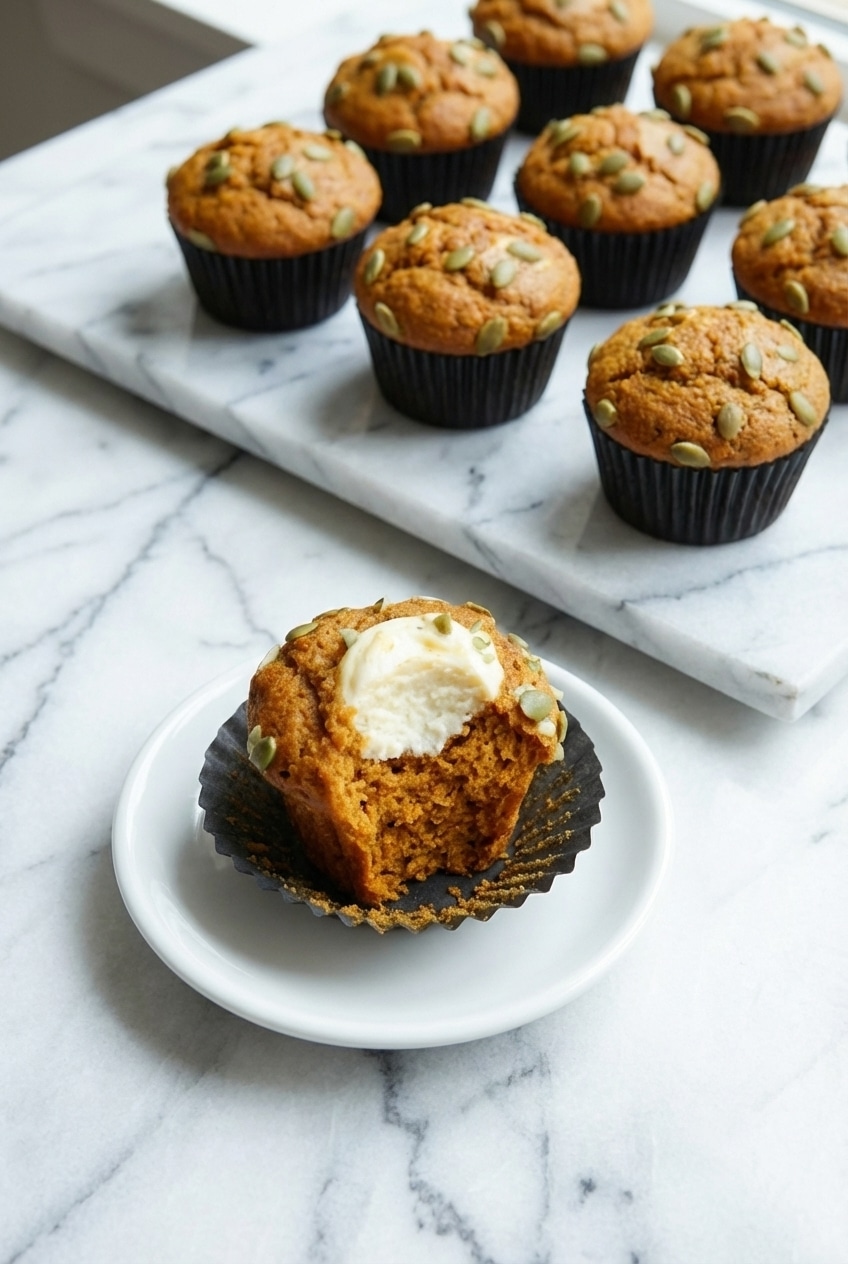 Close-up of a sliced pumpkin cream cheese muffin showing the creamy filling and tender crumb.