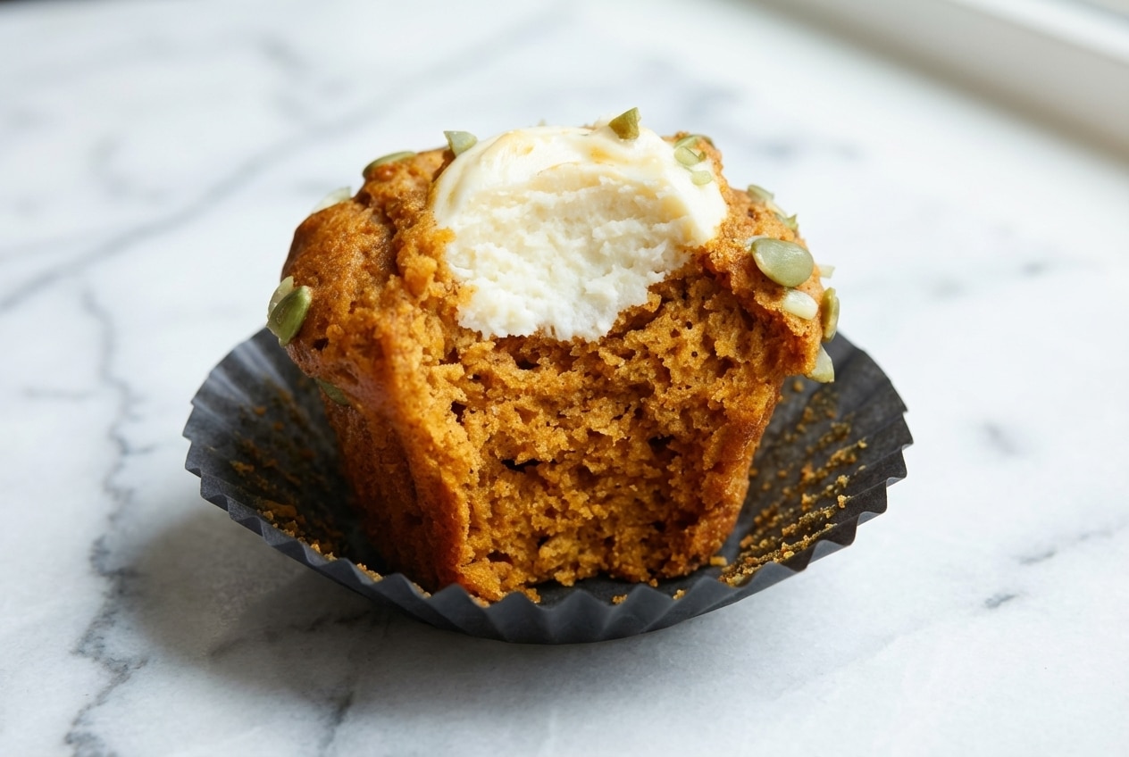 Golden pumpkin cream cheese muffins with a browned butter crumb and fragrant cardamom spice.