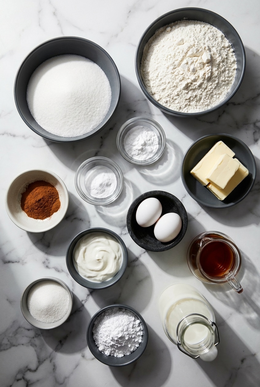 Flat lay of churro cupcakes ingredients including cake flour, sour cream, and cinnamon sugar on a white surface.