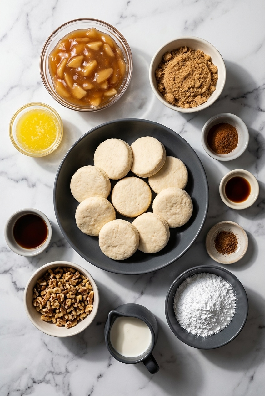 Flat lay of ingredients for apple pie biscuits including Granny Smith apples, buttermilk biscuits, and brown sugar.