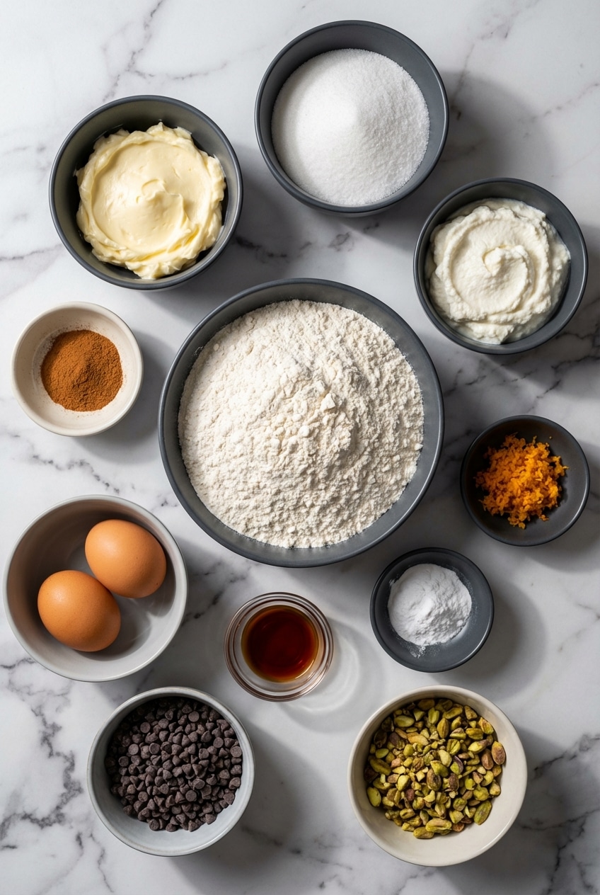 Flat lay of ingredients for a cannoli cookie recipe featuring whole milk ricotta, Sicilian pistachios, and orange zest.