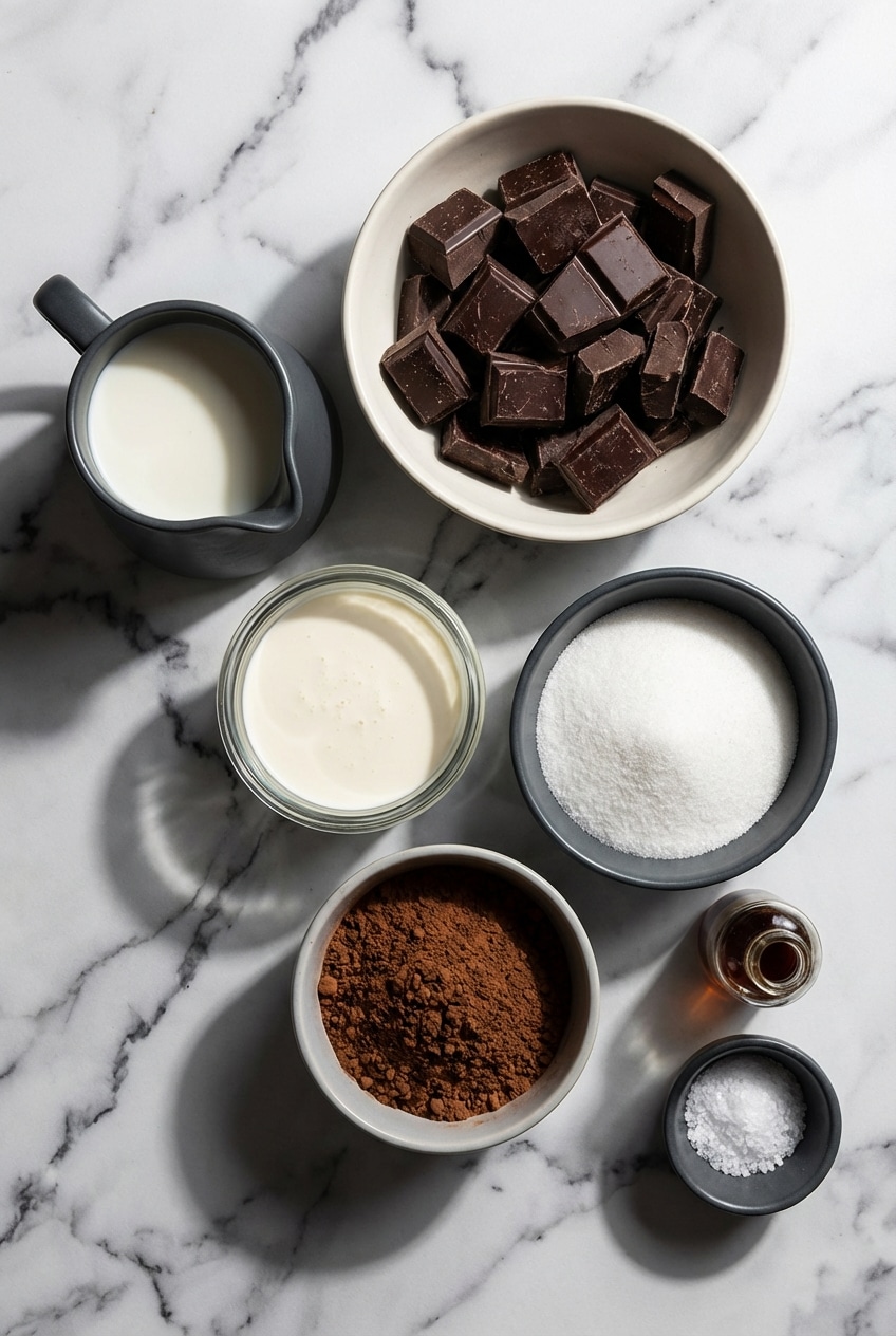 Flat lay of ingredients for homemade fudge popsicles including 54% cacao chocolate, whole milk, and cocoa powder.