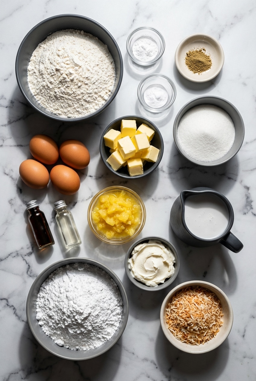 Flat lay of ingredients for pineapple coconut dream cake including crushed pineapple and full-fat coconut milk.