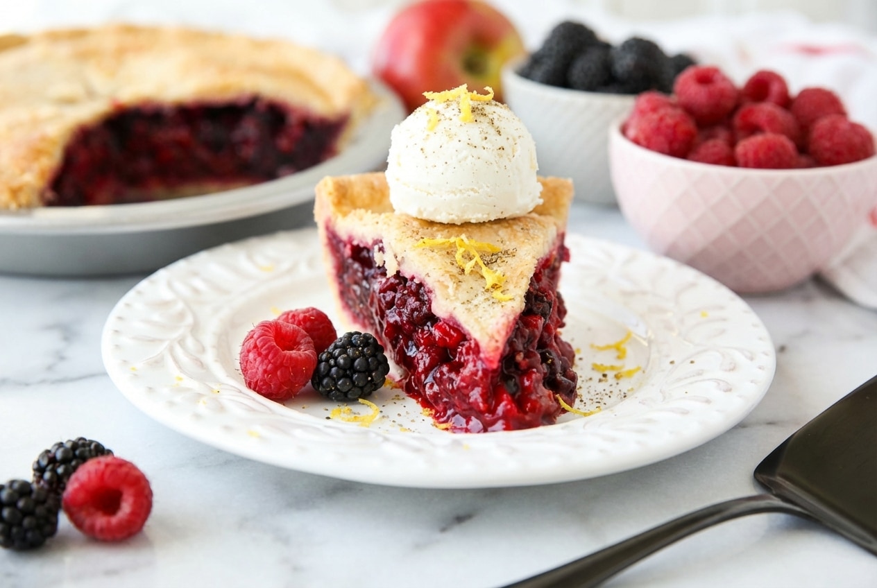 Golden razzleberry pie with a flaky lattice crust and subtle cardamom-lemon zest sugar finish.