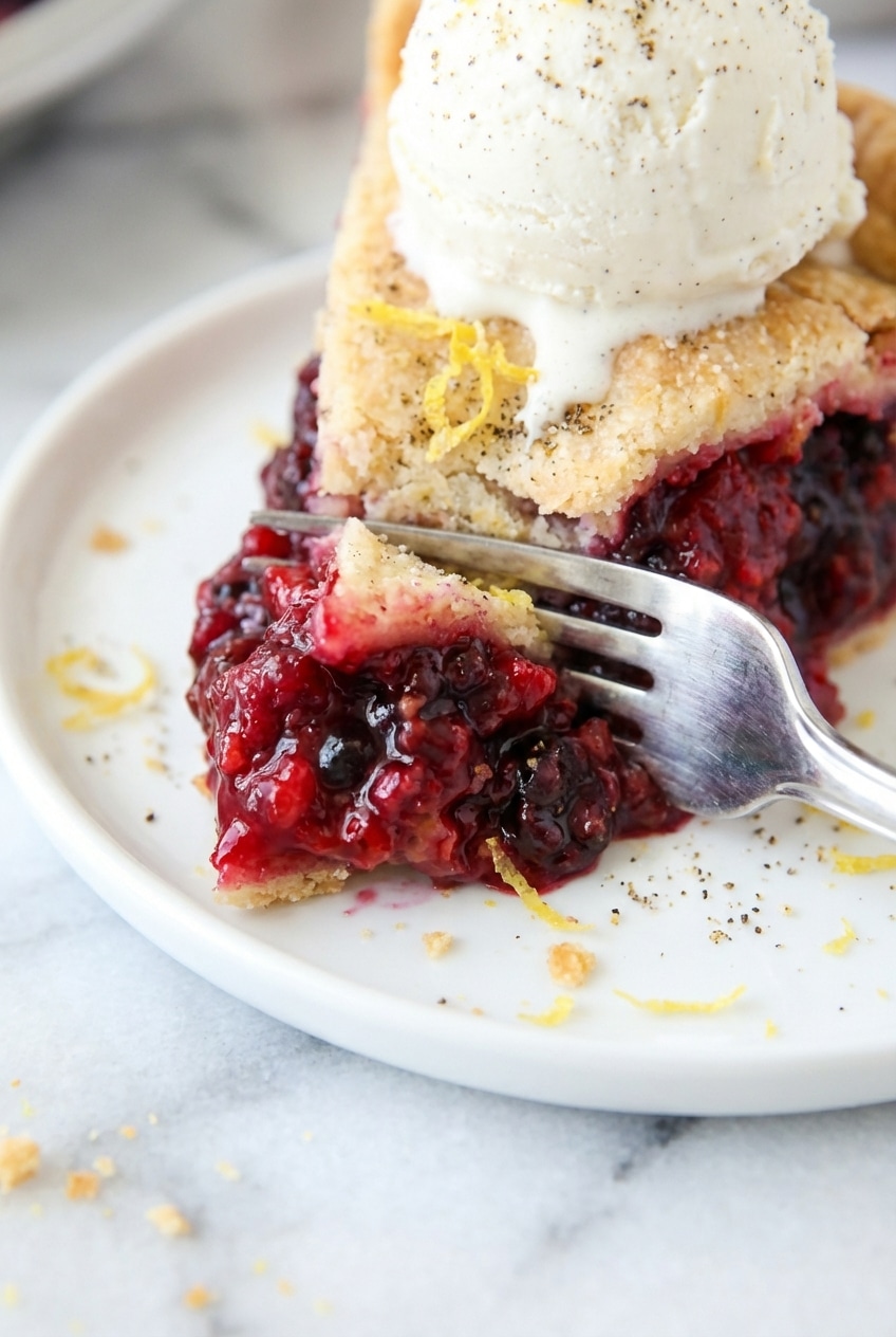 Close-up of bubbling razzleberry pie filling showing macerated berries and pectin-thickened juices.