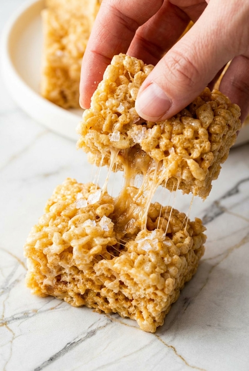 Macro view of the gooey marshmallow texture in this salted rice krispie treats recipe.
