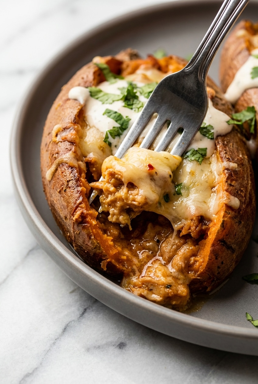 Perfectly roasted stuffed sweet potatoes showing deep caramelization from the Maillard reaction.