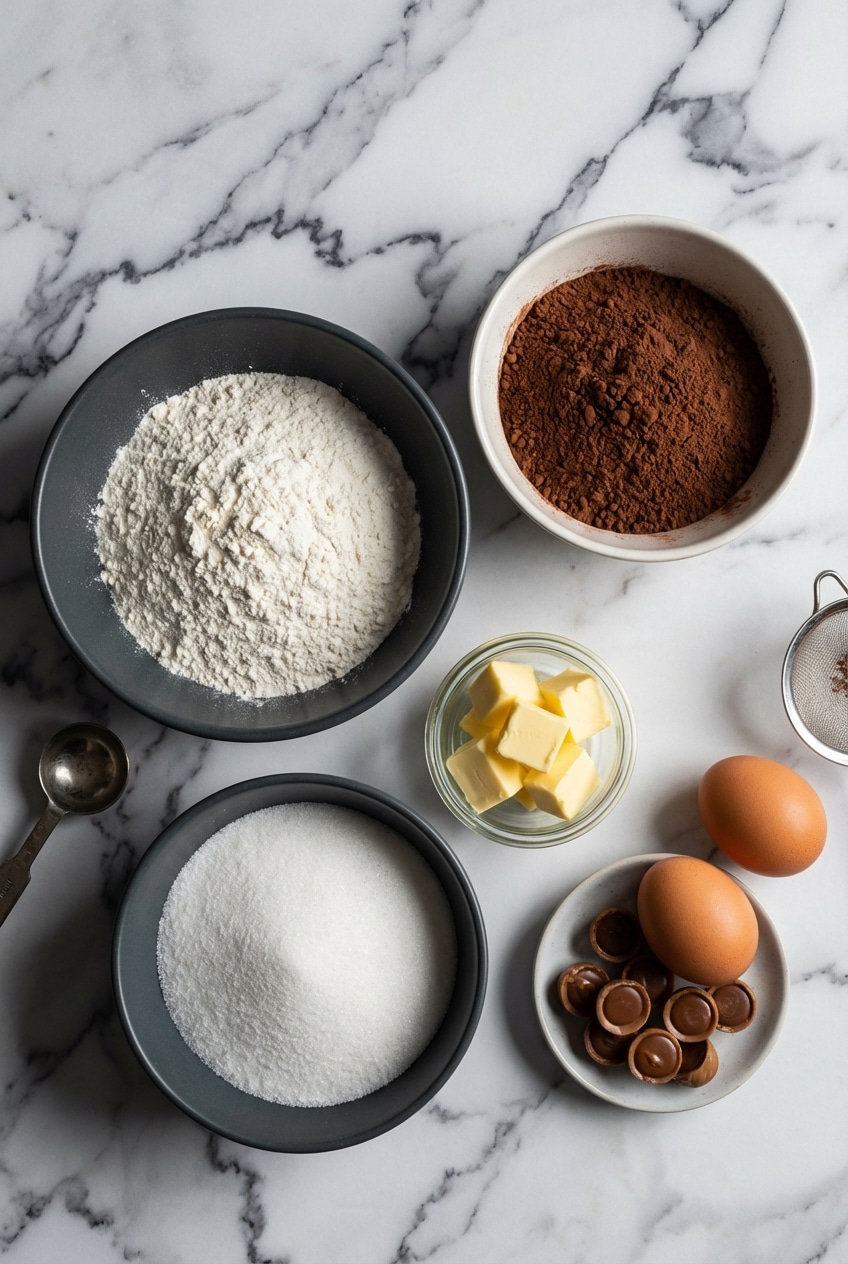 Ingredients for rolo cookies featuring chocolate cake mix, Dutch-processed cocoa, and fresh eggs on a workspace.