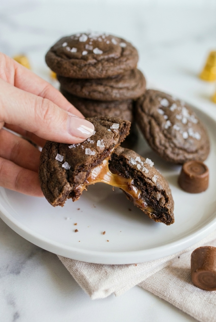 Freshly baked rolo cookies cooling on a parchment paper lined baking sheet for the perfect set.
