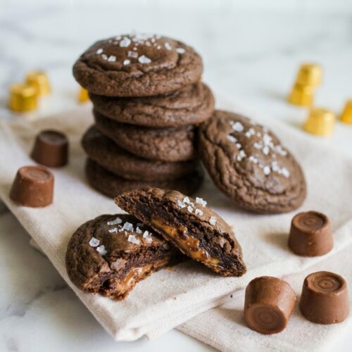 Stacked rolo cookies finished with flaky sea salt and a soft, double-chilled chocolate center.