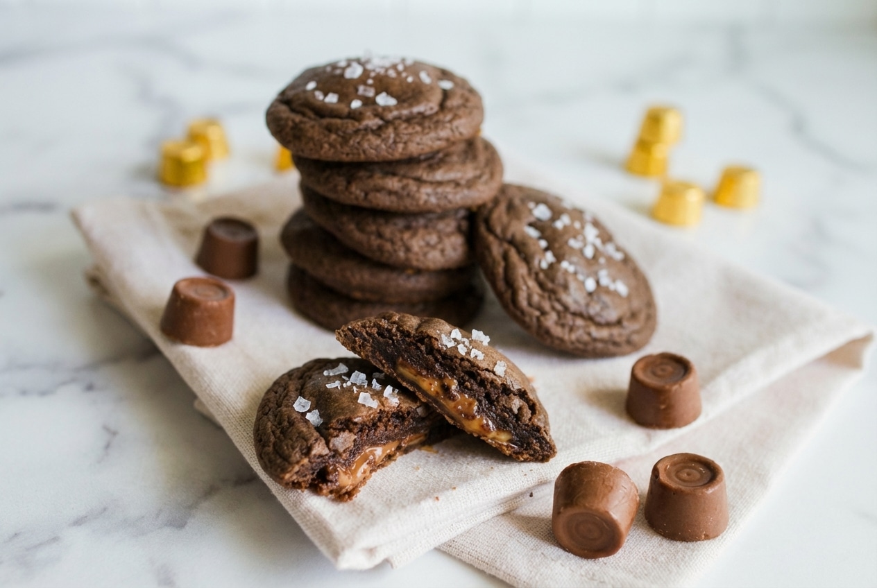 Stacked rolo cookies finished with flaky sea salt and a soft, double-chilled chocolate center.