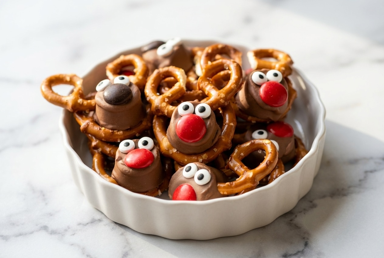 Rolo pretzel reindeer featuring the tempered glue technique for perfectly attached antlers and candy eyes.