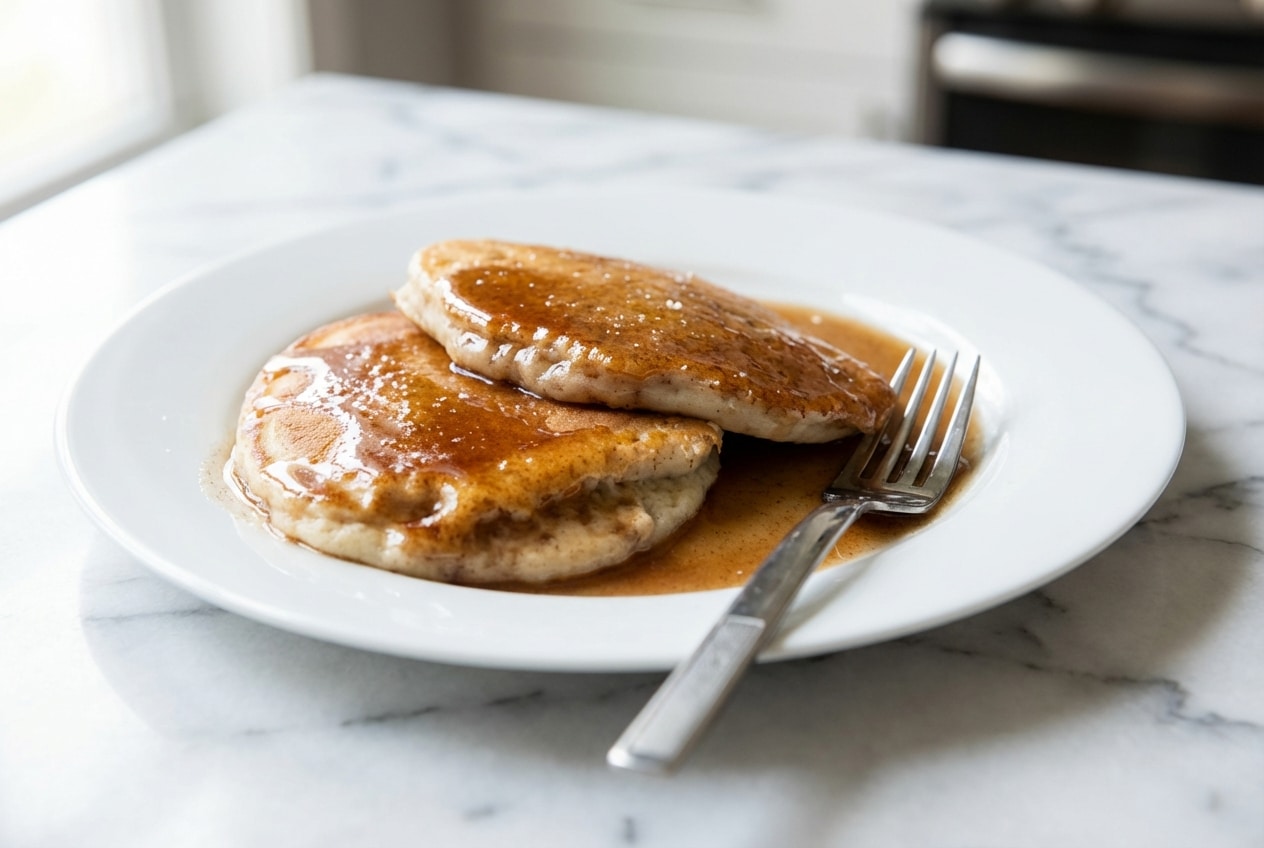 Thick salted brown butter cinnamon pancake syrup drizzled slowly over a warm stack of breakfast flapjacks.