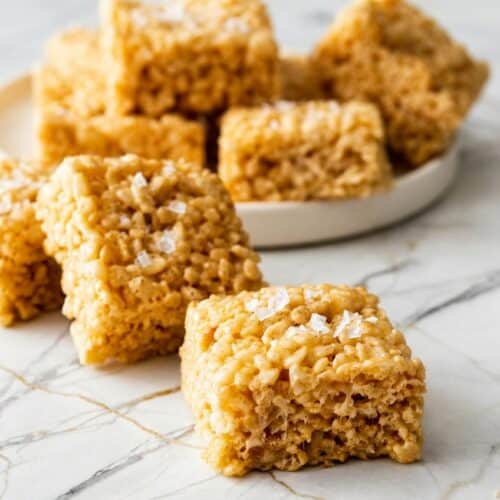Golden brown rice krispie treats recipe with flecks of sea salt and nutty brown butter.