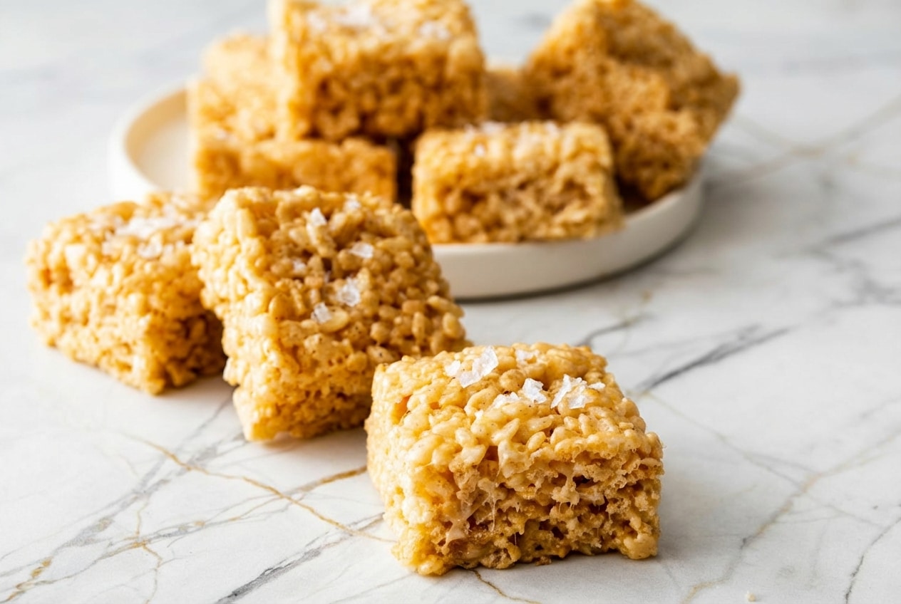 Golden brown rice krispie treats recipe with flecks of sea salt and nutty brown butter.