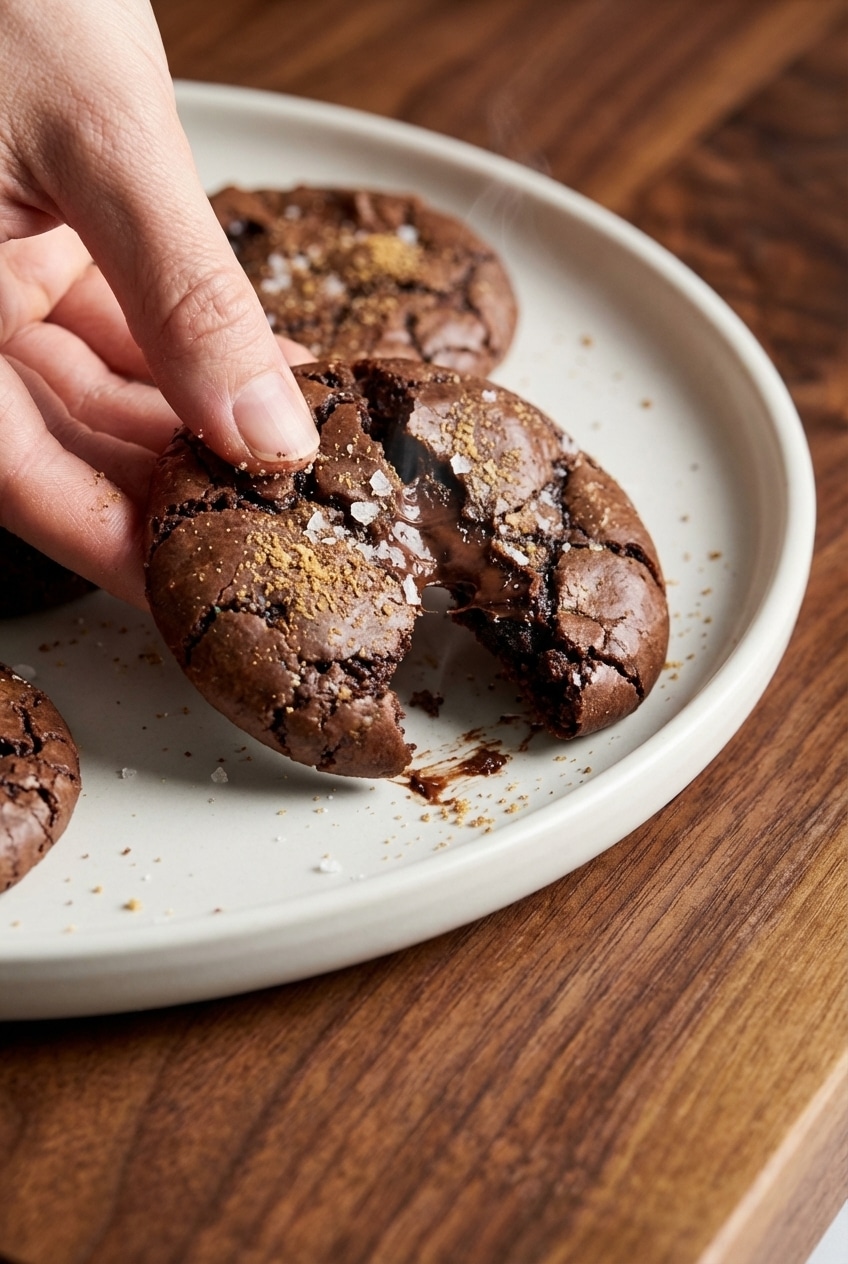 Close-up of the shiny meringue crust and crackled top on freshly baked salted brownie cookies.