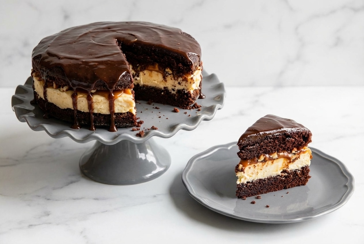 Salted caramel chocolate cheesecake cake with a double-dark brown butter infusion and glossy ganache topping.