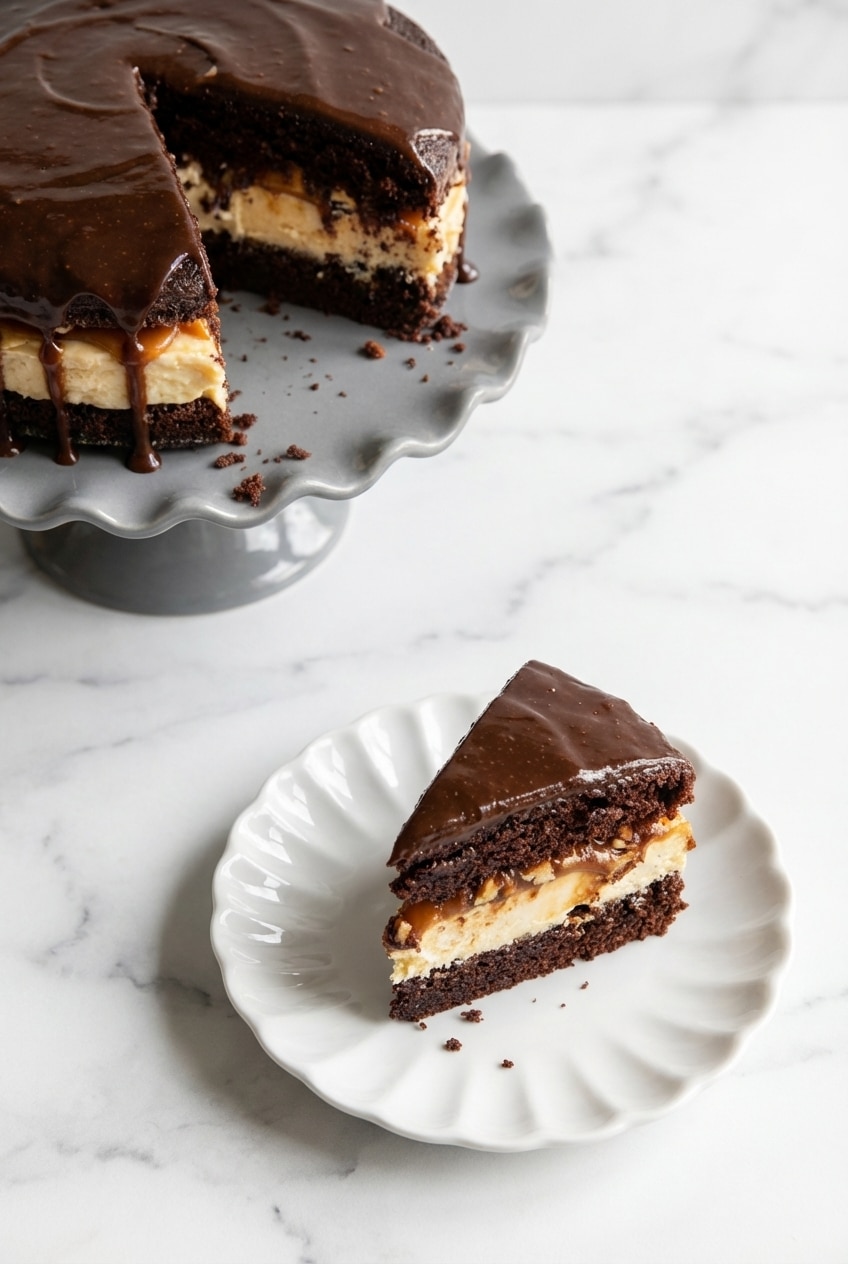 Slicing into a salted caramel chocolate cheesecake cake to reveal its dense, creamy layers and rich ganache.