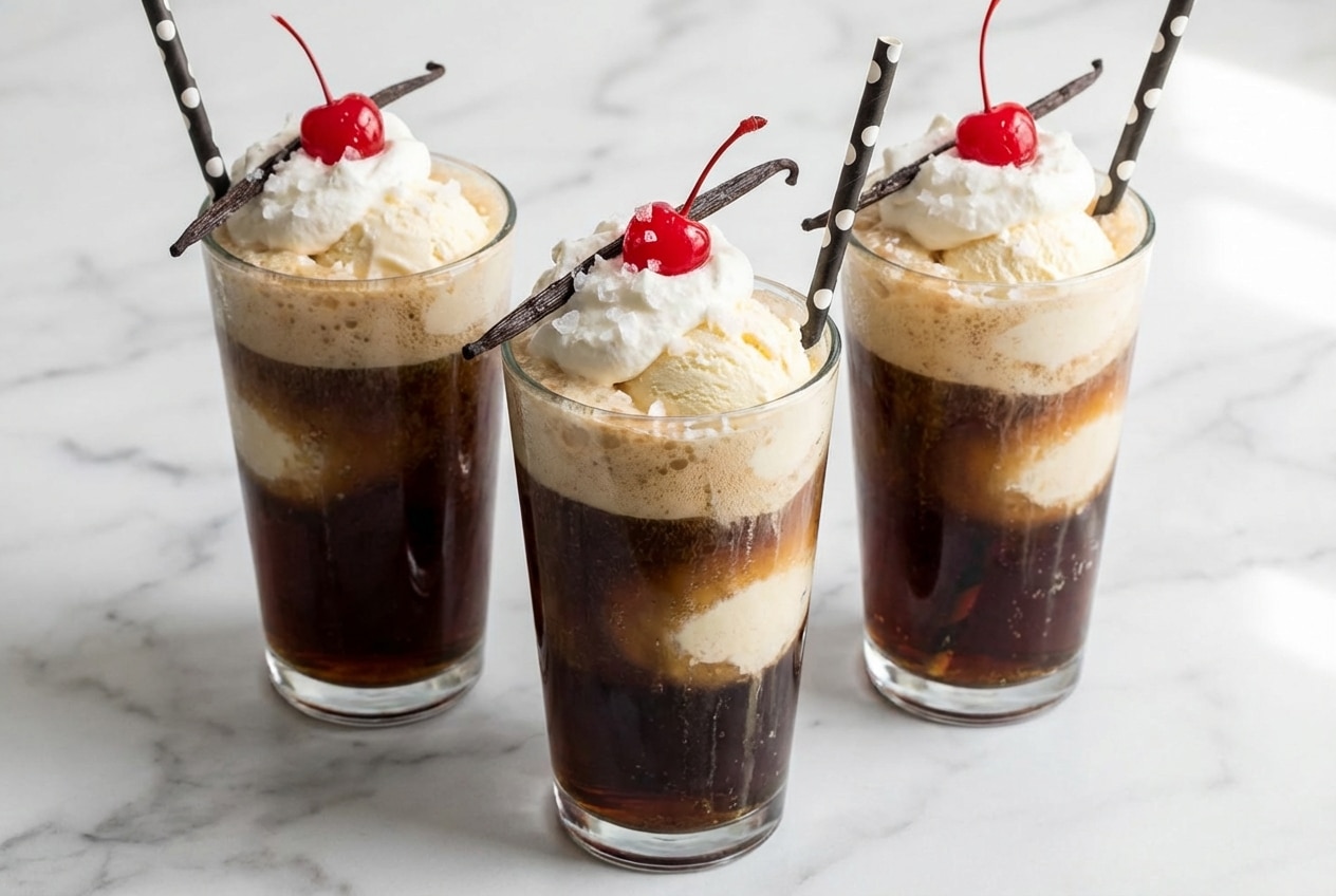 Salted vanilla coke floats in a frosted mug with whipped cream and a maraschino cherry topping.