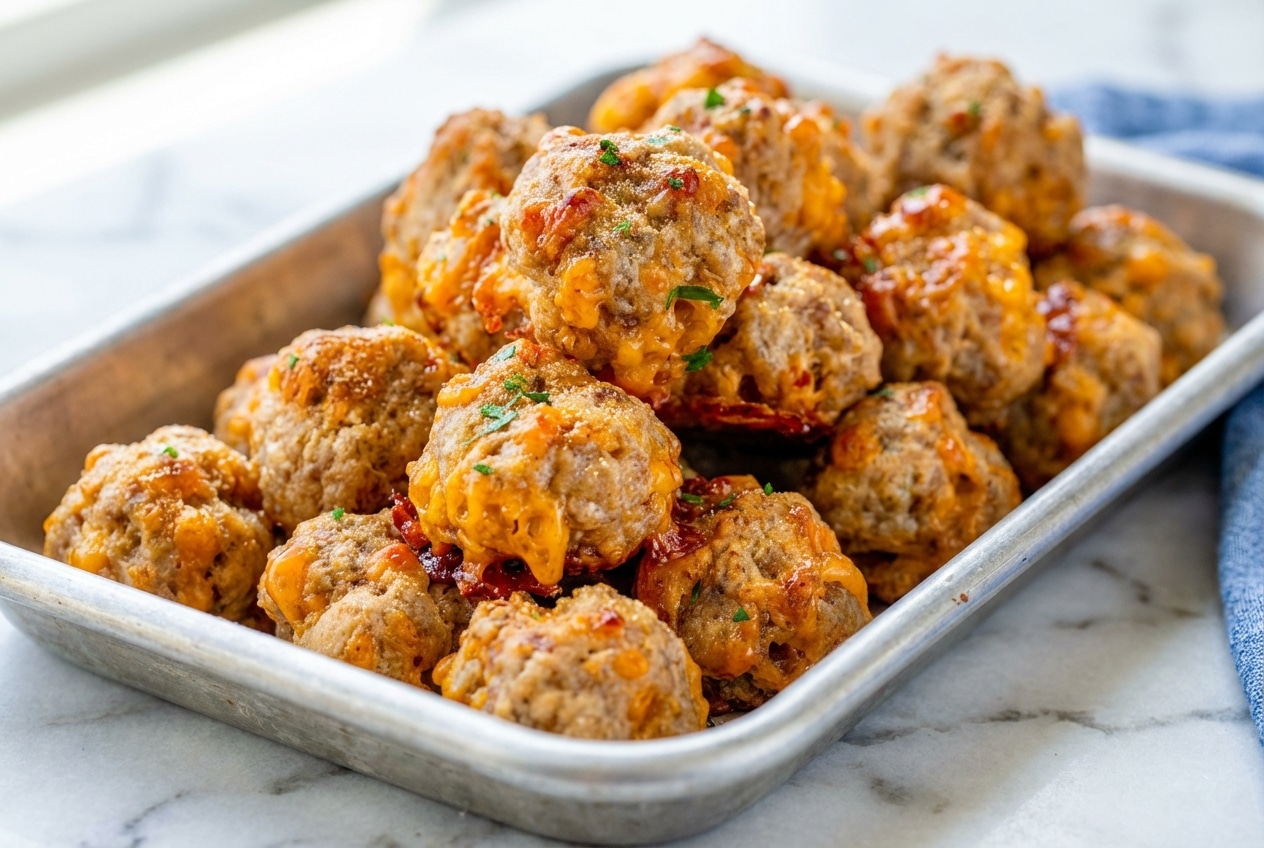 Golden cream cheese sausage balls seasoned with savory Worcestershire sauce and garlic powder on a serving platter.