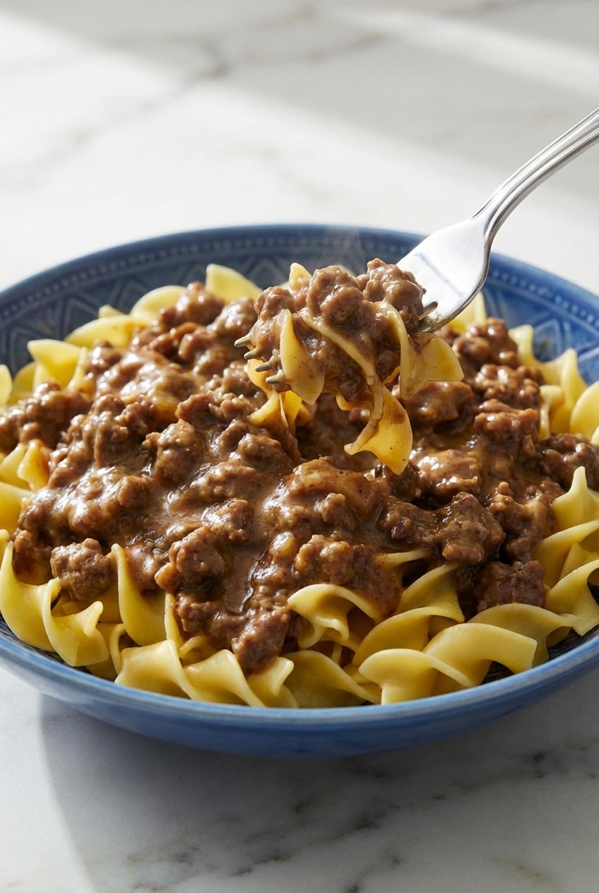 A bubbling skillet of ground beef stroganoff showing the deep brown color from the Maillard reaction.