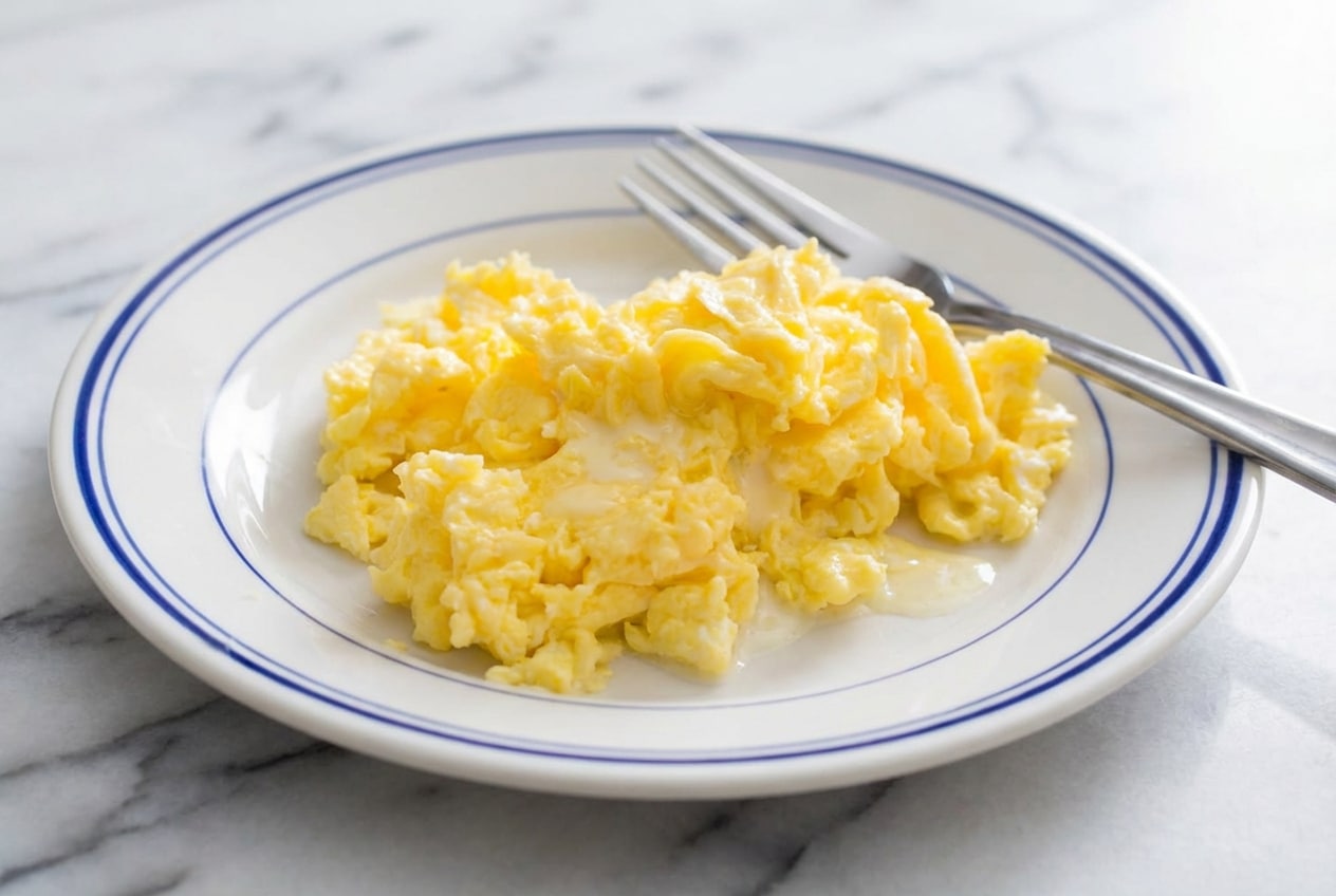 Creamy scrambled eggs prepared using the cold butter emulsion technique for a velvety texture.