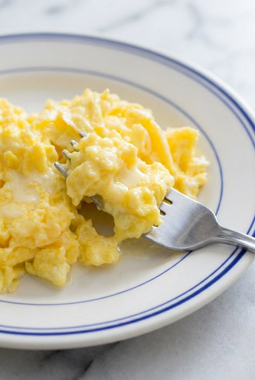 Soft scrambled eggs being stirred with a silicone spatula in a non-stick skillet.