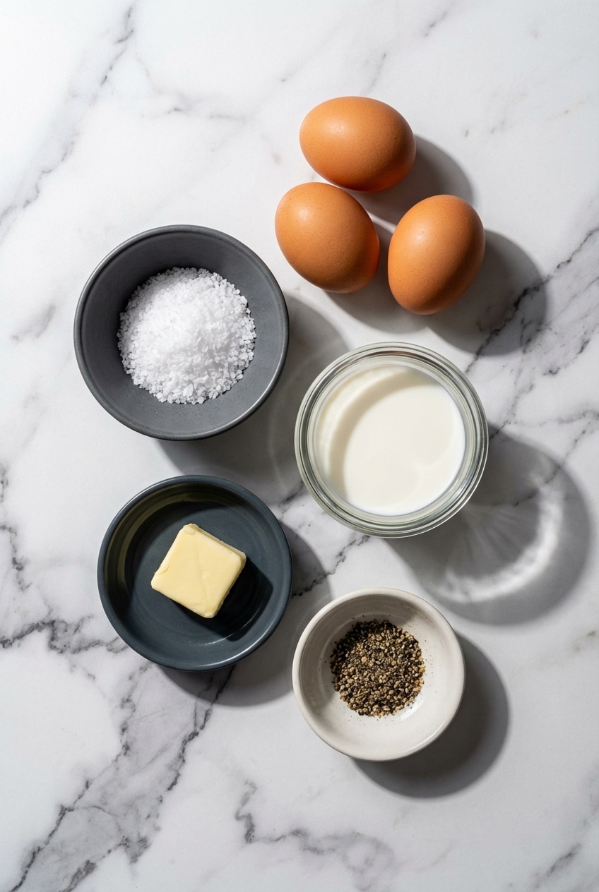 Flat lay of fresh eggs, cubes of cold butter, and kosher salt for scrambled eggs.