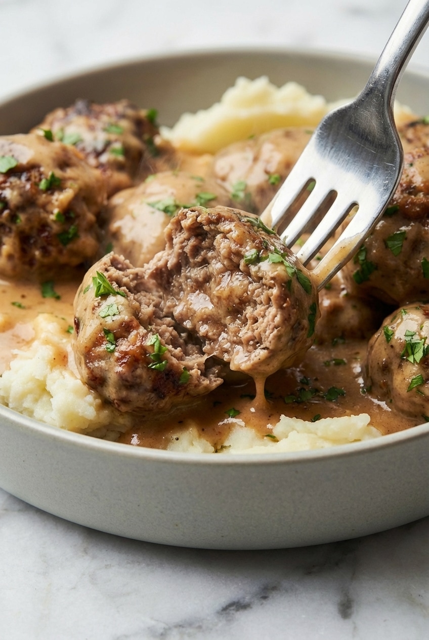 Close-up of swedish meatballs browning in a skillet to achieve a perfect, flavorful Maillard reaction.
