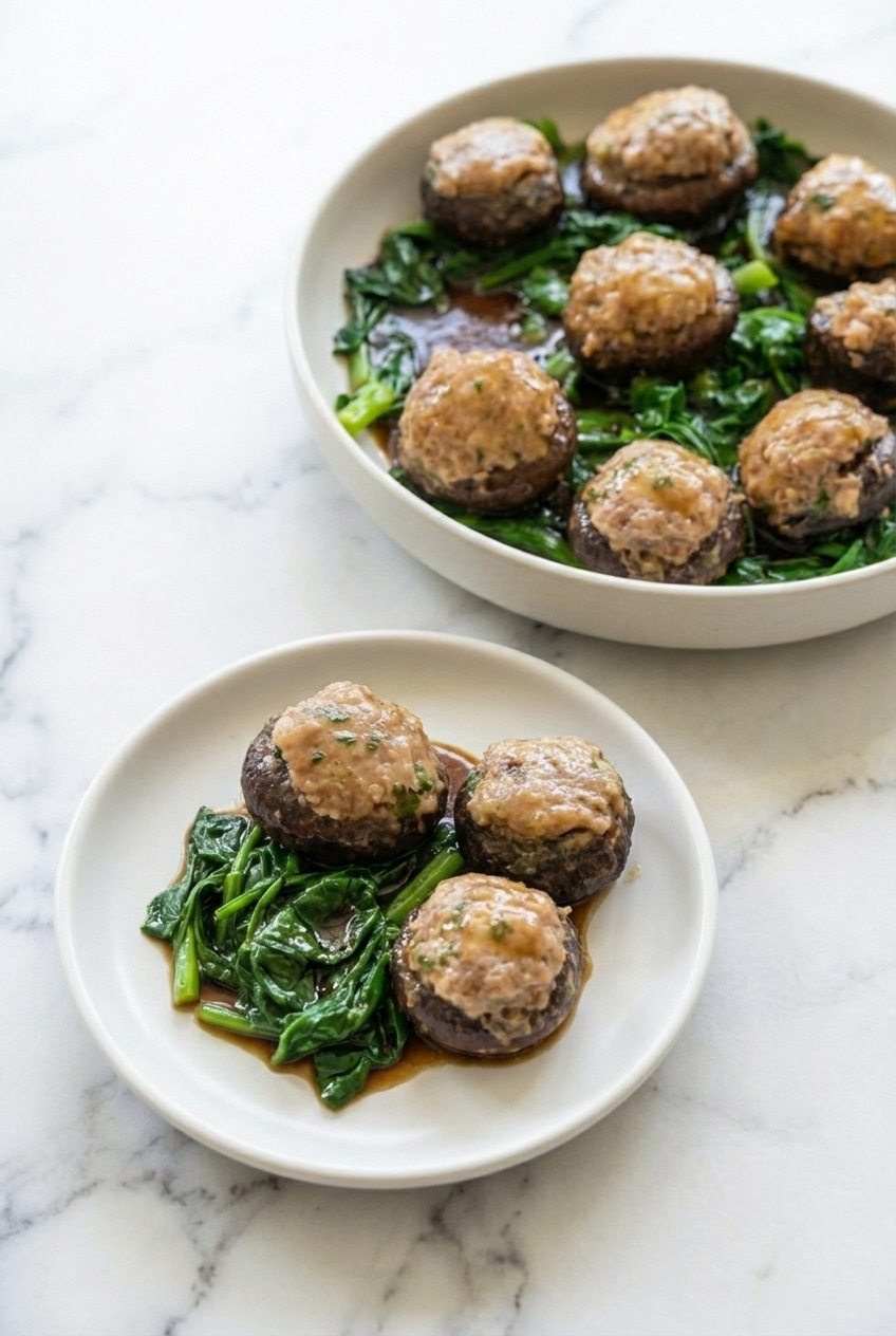 Detailed view of the searing process for this Asian stuffed mushrooms recipe in a hot skillet.