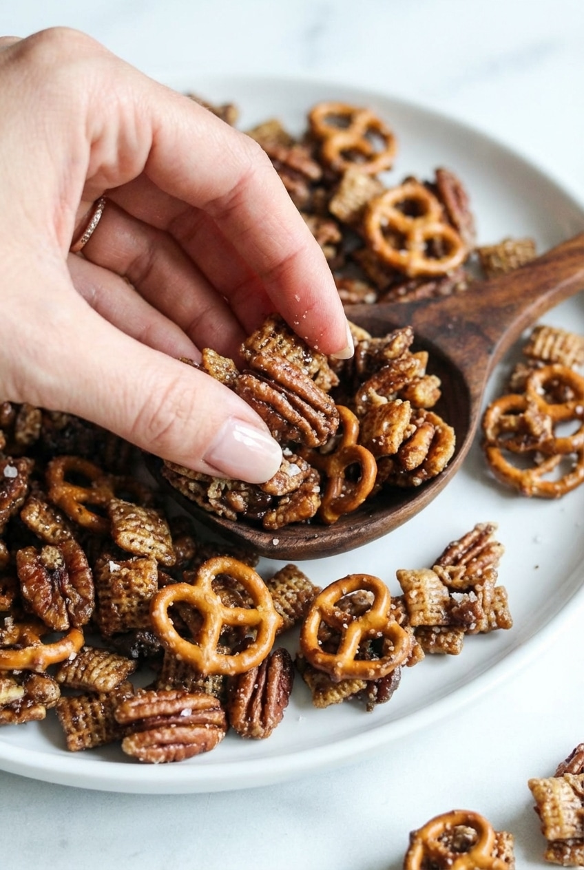Warm caramel coating made with browned butter being drizzled over turtle chex mix and pecans.