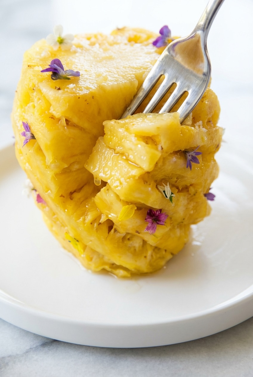 Using a paring knife to remove pineapple eyes while practicing how to cut a pineapple.