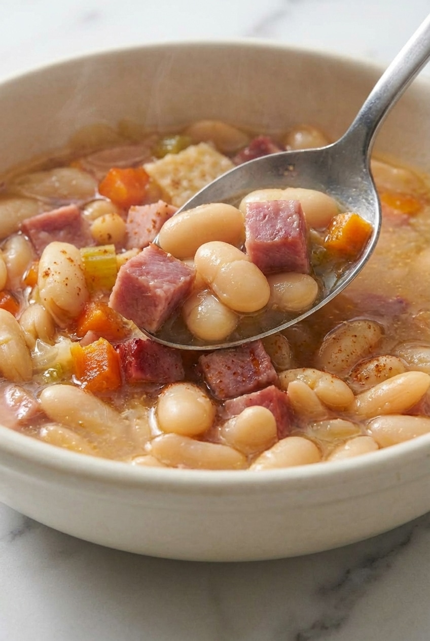 A Dutch oven filled with simmering ham and bean soup, highlighting the addition of a savory parmesan cheese rind.