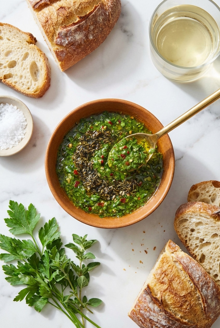 Chimichurri sauce served in a glass jar alongside grilled meats on a rustic wooden table.