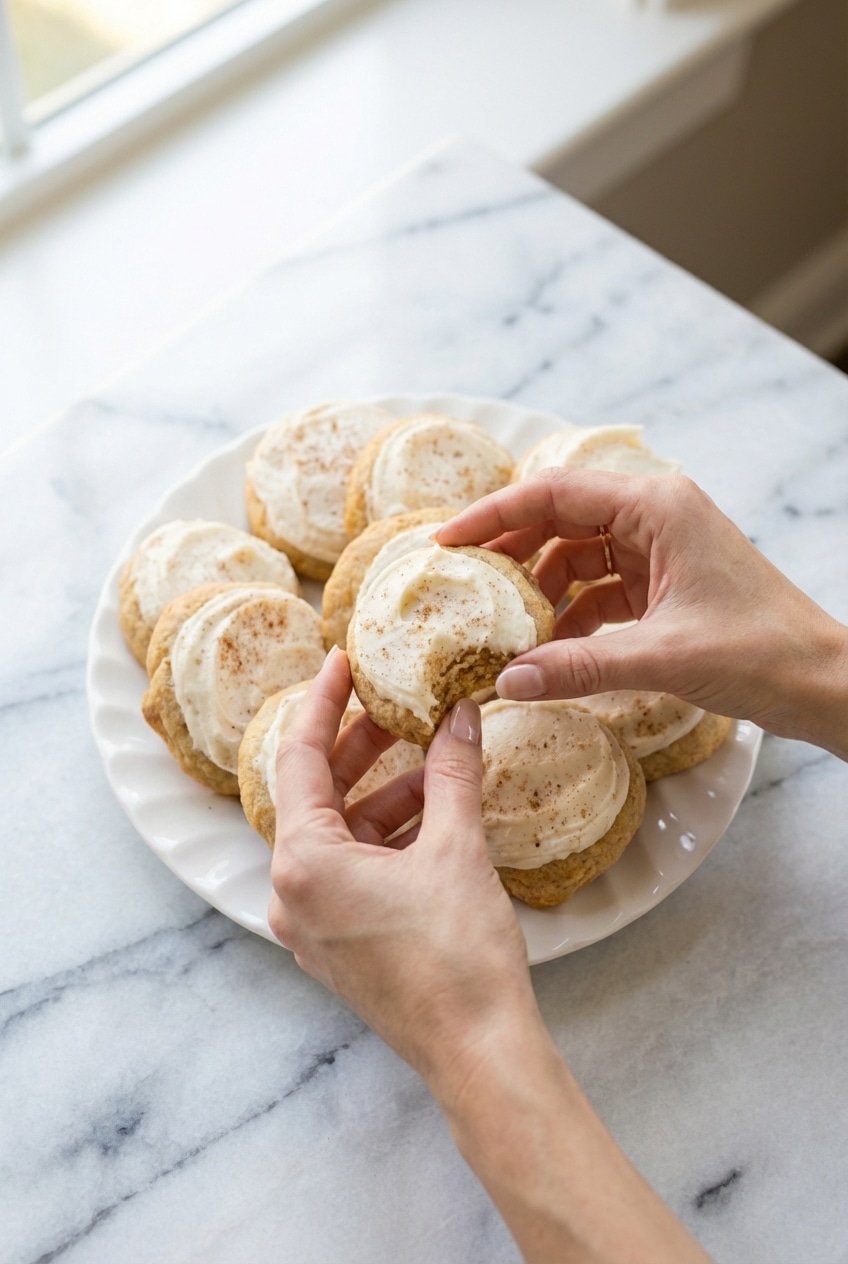 Frosted eggnog cookies with brown butter arranged on a festive serving platter.