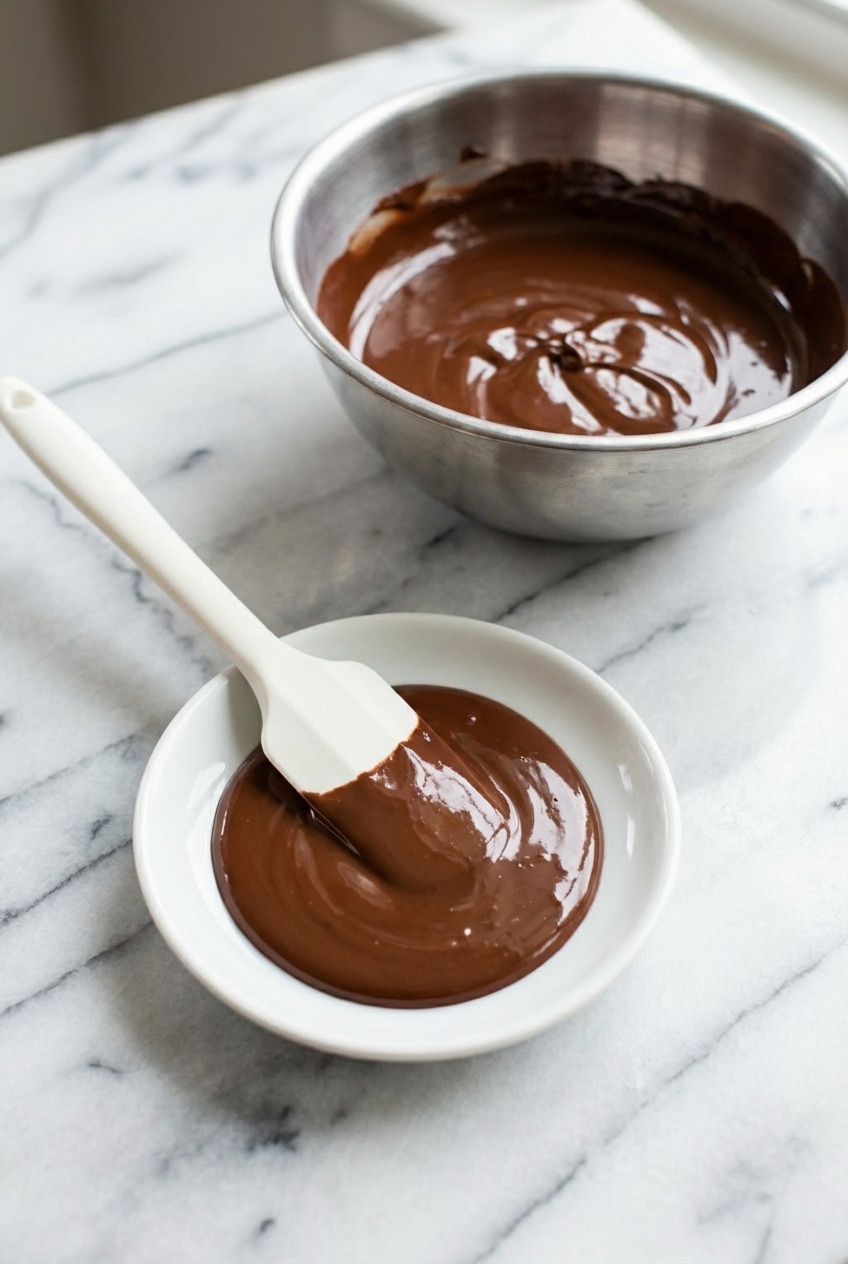 Melted chocolate being drizzled over treats showing how to melt chocolate for decorative serving.